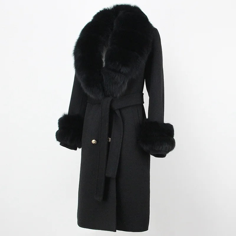 OFTBUY Winter Jacket Women Long Natural Wool Blends Cashmere Real Fur Coat Double Breasted Belt Warm Streetwear New Fashion