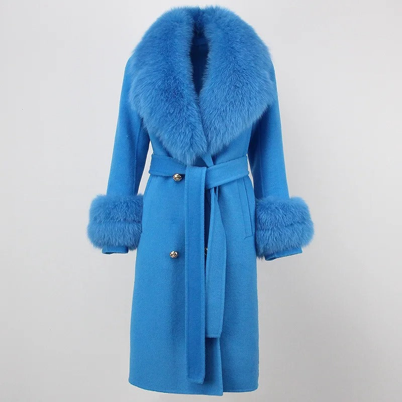 OFTBUY Winter Jacket Women Long Natural Wool Blends Cashmere Real Fur Coat Double Breasted Belt Warm Streetwear New Fashion
