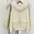 OFTBUY Zipper Pockets Warm Winter Fashion Casual Outerwear Sweater Female New Women's Knit Hoodie with Real Fox Fur Trim