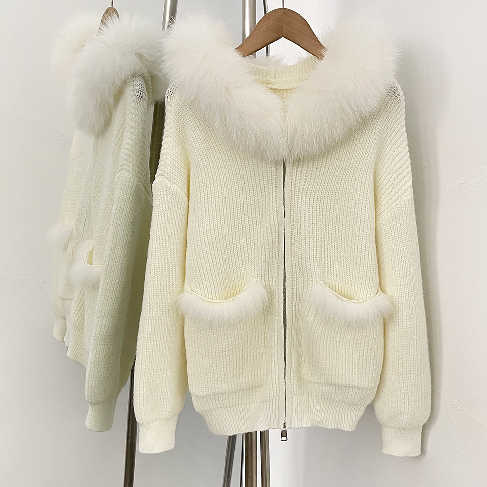 OFTBUY Zipper Pockets Warm Winter Fashion Casual Outerwear Sweater Female New Women's Knit Hoodie with Real Fox Fur Trim