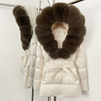 OFTBUY New Women's Duck Down Jacket with Large Real Fox Fur Hood Belted Waist Warm Winter Puffer Coat Lady Luxury Outerwear