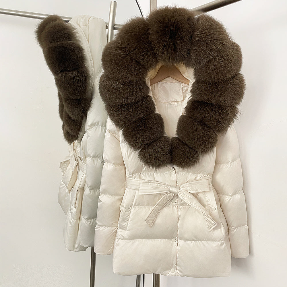 OFTBUY New Women's Duck Down Jacket with Large Real Fox Fur Hood Belted Waist Warm Winter Puffer Coat Lady Luxury Outerwear