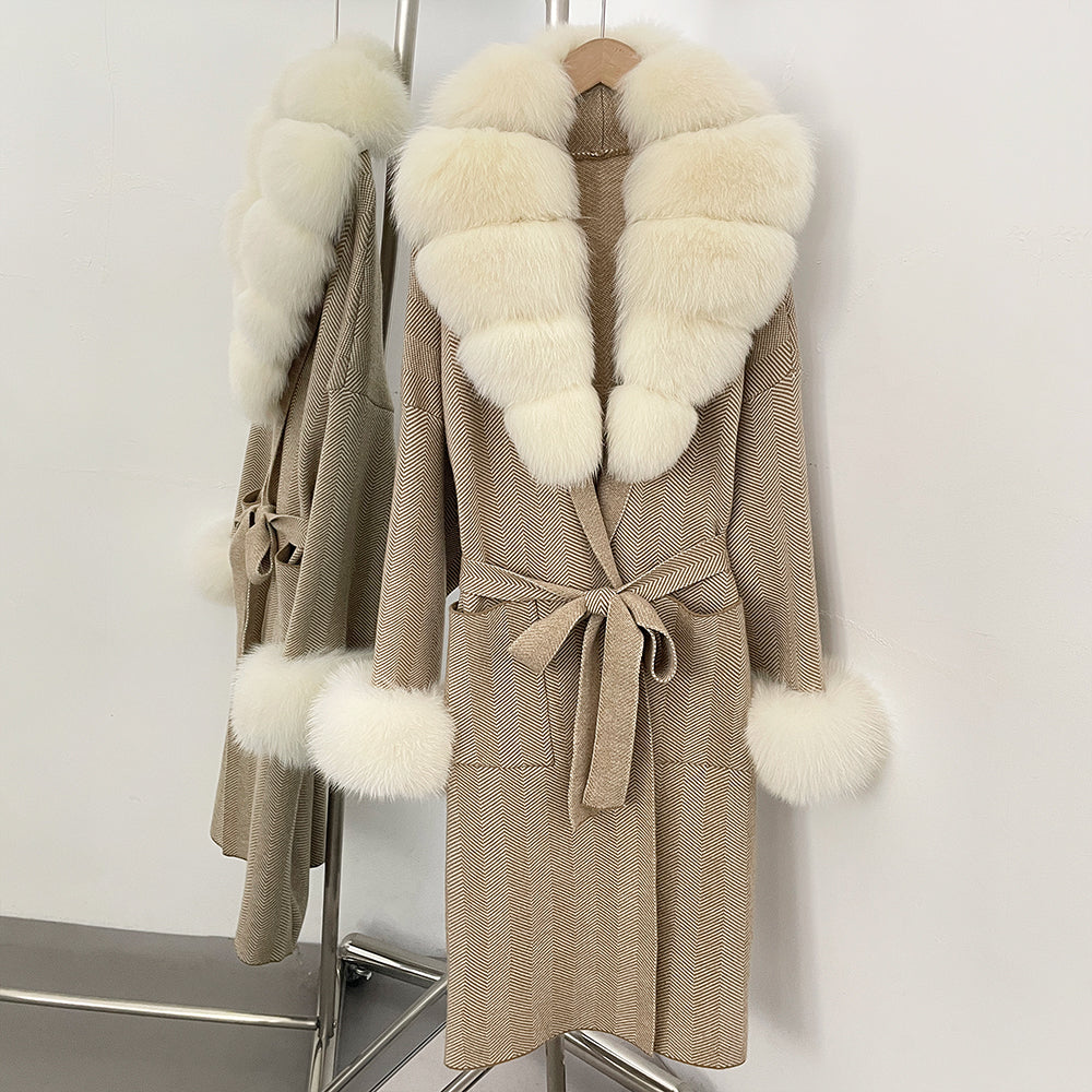 OFTBUY Winter Elegant Outerwear Warm Long Coat Lady New Women's Knit Coat with Large Real Fox Fur Collar Belted Cardigan Female