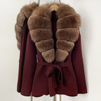 OFTBUY New Autumn Winter Luxury Fashion Outerwear Lady Women's Knit Coat with Large Real Fox Fur Collar Belt Textured Knit Warm