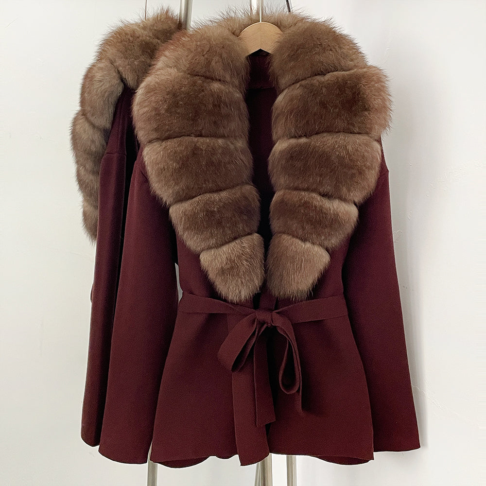 OFTBUY New Autumn Winter Luxury Fashion Outerwear Lady Women's Knit Coat with Large Real Fox Fur Collar Belt Textured Knit Warm