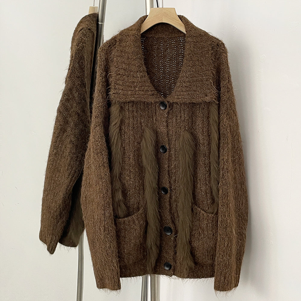 OFTBUY New Fashion Spring Autumn Loose Sweater Female Real Fox Fur Cardigan Clothing Women Button Oversized Knitted Jacket Lady