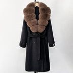 OFTBUY Winter Jacket Women Woolen Blends Coat Natural Real Fox Fur Collar Belt Loose Outerwear Casual Outerwear Streetwear