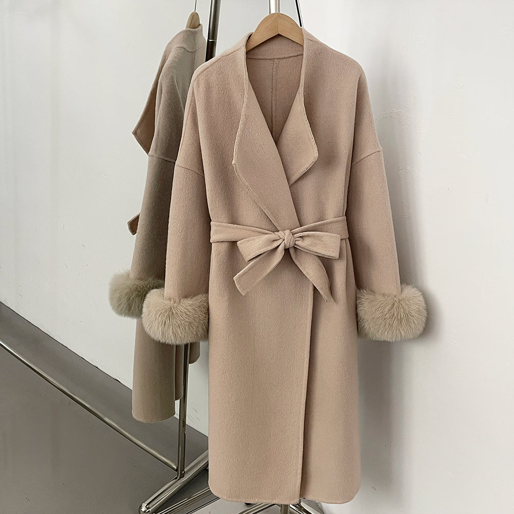 OFTBUY Real Fox Fur Cuffs Cashmere Woolen Jacket Long 100% Wool Coat Female New Autumn Winter Warm Natural Fur Clothes Women
