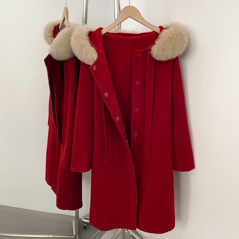 OFTBUY New Autumn Winter Natural Fur 100% Woolen Clothing Long Hooded Real Fox Fur Collar Elegant Double-sided Wool Coat Female