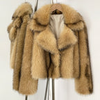 Chic camel-colored vegan fur coat showing the soft, dense texture and large collar