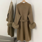 OFTBUY New Women's Wool Coat with Real Fox Fur Cuffs Double Breasted Belted Bow Pockets Warm Winter Elegant Fashion Outerwear