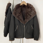 Black reversible short bomber jacket with oversized fox fur collar and full real rabbit fur inner lining
