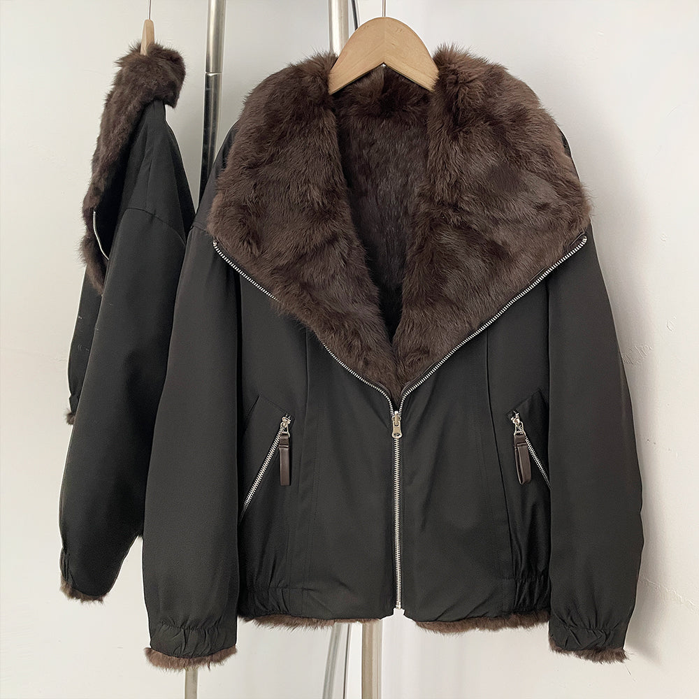 Black reversible short bomber jacket with oversized fox fur collar and full real rabbit fur inner lining