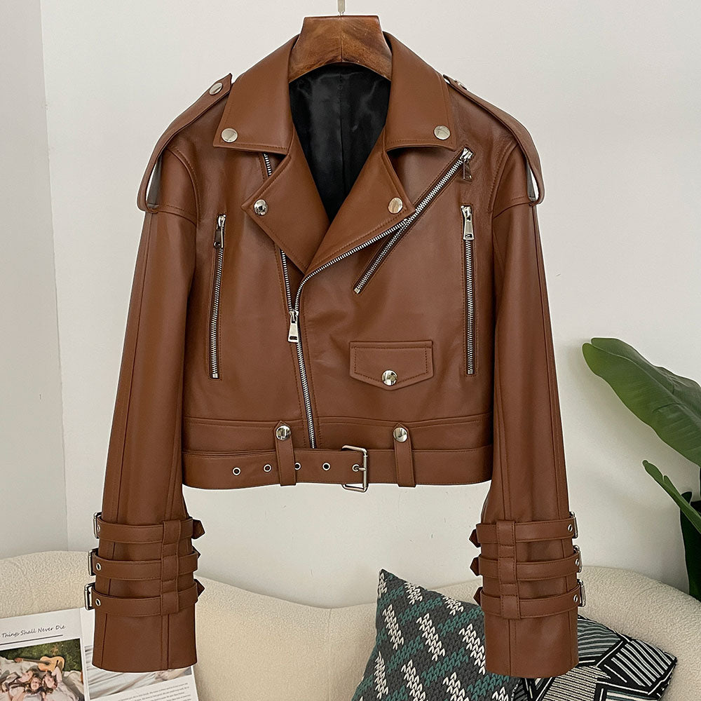 OFTBUY New Women's Genuine Leather Cropped Moto Jacket Crocodile Embossed Real Leather Biker Coat with Belt Punk Rock Outerwear