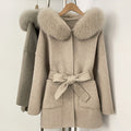 OFTBUY New Autumn Winter Top Clothes Female Hooded Natural Fur Collar 100% Wool Jacket Women Belt Real Fox Fur Woolen Coat