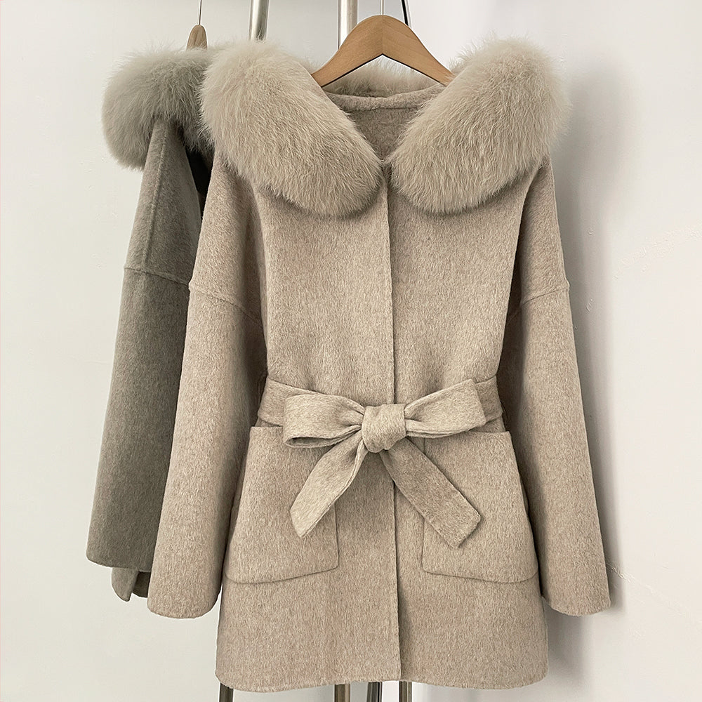 OFTBUY New Autumn Winter Top Clothes Female Hooded Natural Fur Collar 100% Wool Jacket Women Belt Real Fox Fur Woolen Coat