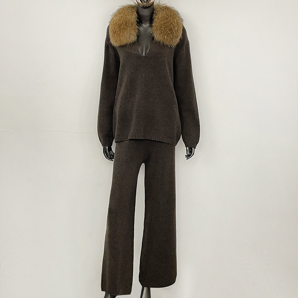 OFTBUY New Women's Knit Two Piece Set with Real Fox Fur Collar Loose Pants Warm Winter Elegant Casual Outfit Sweater Female