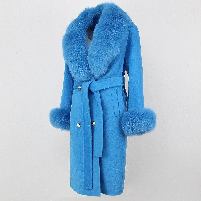 OFTBUY Winter Jacket Women Long Natural Wool Blends Cashmere Real Fur Coat Double Breasted Belt Warm Streetwear New Fashion