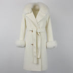OFTBUY Winter Jacket Women Long Natural Wool Blends Cashmere Real Fur Coat Double Breasted Belt Warm Streetwear New Fashion