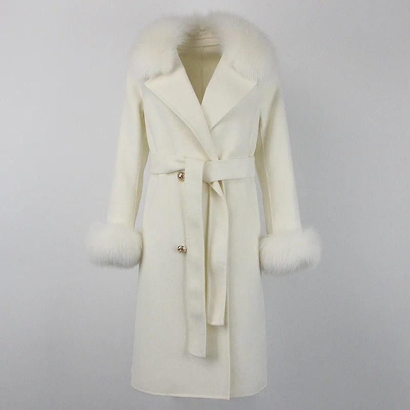 OFTBUY Winter Jacket Women Long Natural Wool Blends Cashmere Real Fur Coat Double Breasted Belt Warm Streetwear New Fashion