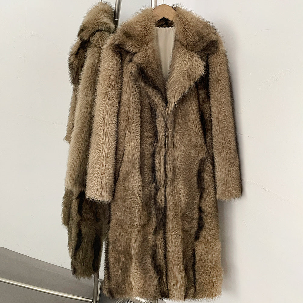 OFTBUY Luxury Long-Line Notch Lapel Faux Fur Coat - Elegant Winter Vegan Fur Overcoat