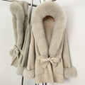 OFTBUY Hooded Big Natural Fur Belt Wool Coat Women New Autumn Winter Real Fox Fur Clothes Female Pocket Luxury Woolen Coat Lady
