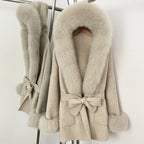 OFTBUY Hooded Big Natural Fur Belt Wool Coat Women New Autumn Winter Real Fox Fur Clothes Female Pocket Luxury Woolen Coat Lady