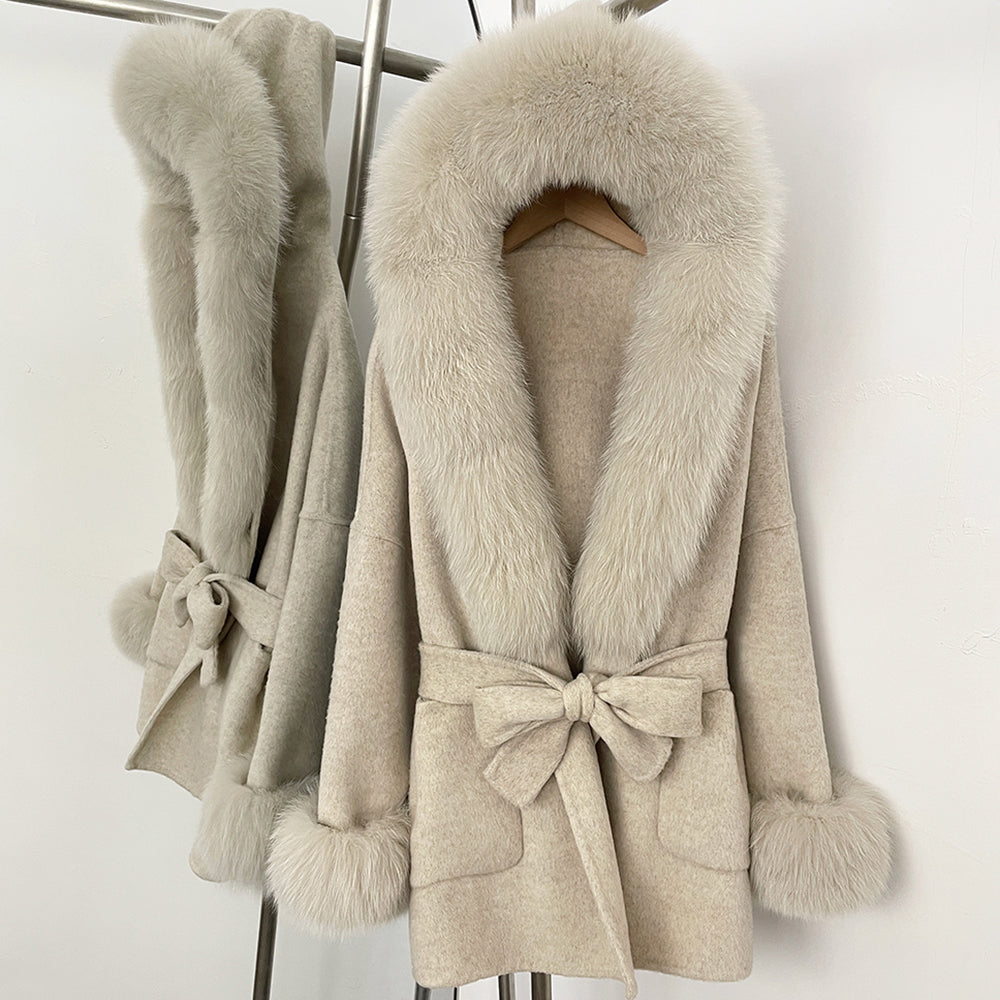OFTBUY Hooded Big Natural Fur Belt Wool Coat Women New Autumn Winter Real Fox Fur Clothes Female Pocket Luxury Woolen Coat Lady