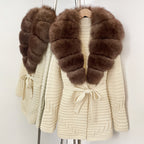 OFTBUY New Women's Knit Coat with Large Real Fox Fur Collar Belted Waist Striped Texture Pockets Winter Luxury Elegant Outerwear