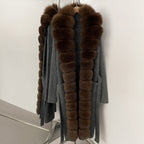 OFTBUY New Women's Knit Long Coat with Full Real Fox Fur  Belted Pockets Warm Winter Elegant Fashion Outerwear Cardigan Sweater