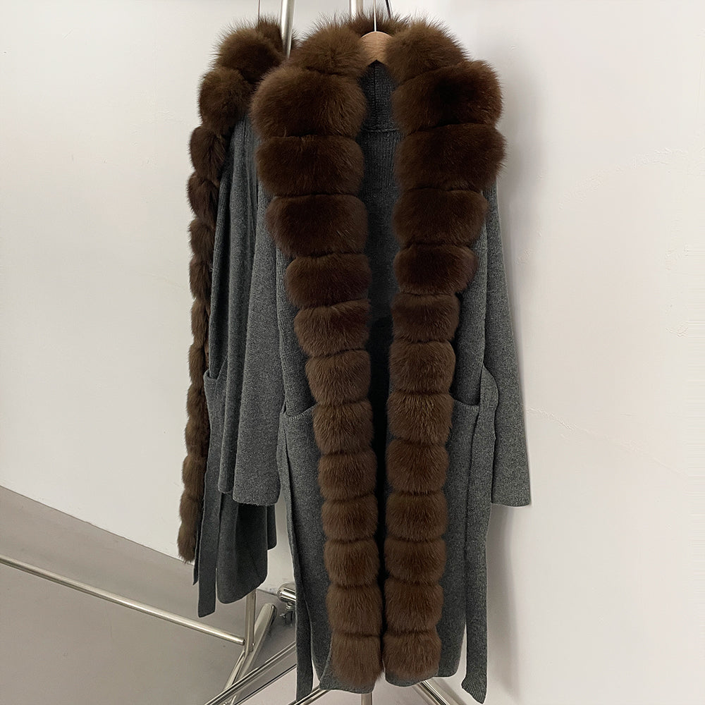 OFTBUY New Women's Knit Long Coat with Full Real Fox Fur  Belted Pockets Warm Winter Elegant Fashion Outerwear Cardigan Sweater