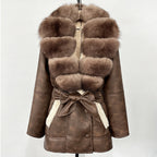 OFTBUY Large Natural Fox Fur Coat New Women Thick Warm Retro Faux Lamb Fur Jacket Belt Winter Female Parkas Outwear