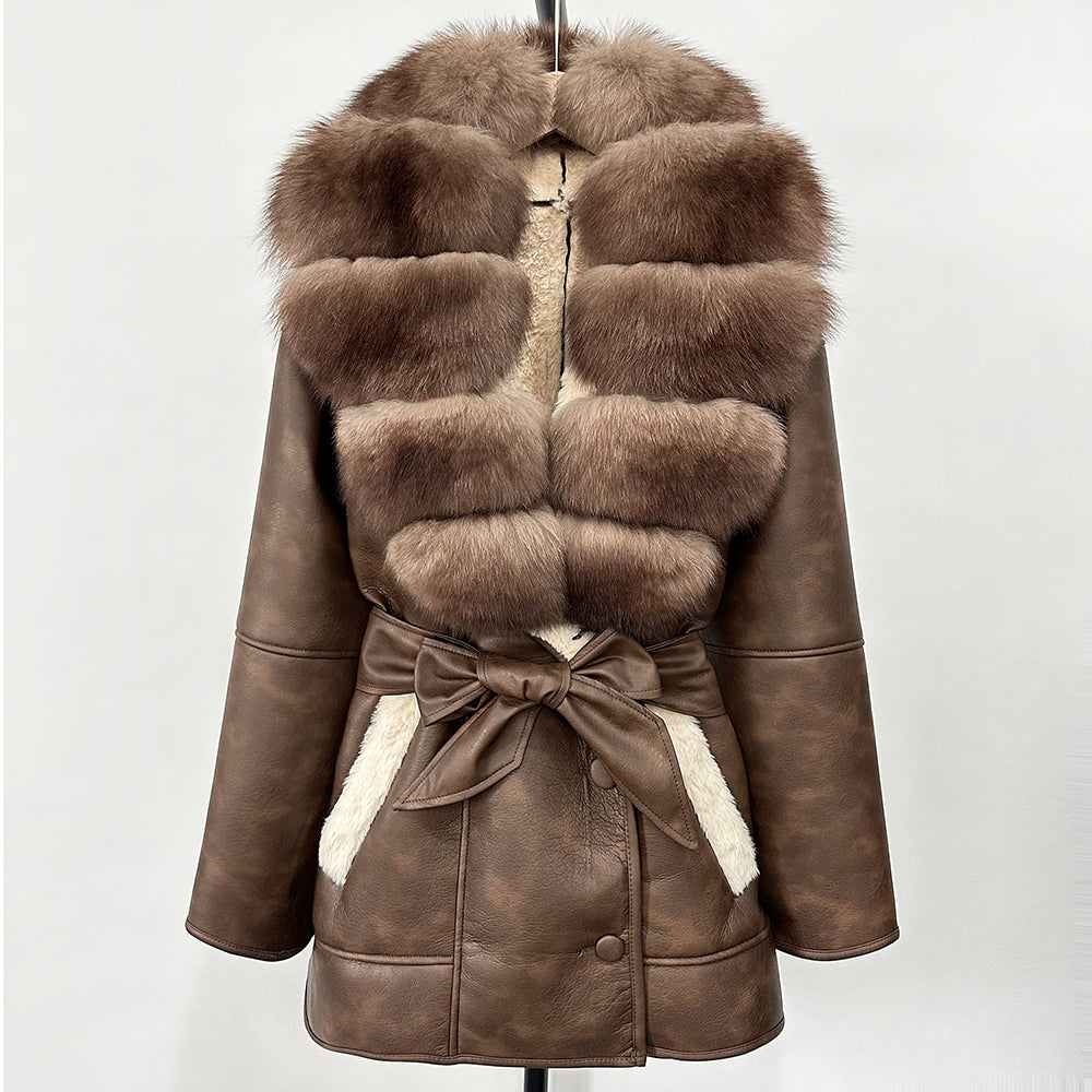 OFTBUY Large Natural Fox Fur Coat New Women Thick Warm Retro Faux Lamb Fur Jacket Belt Winter Female Parkas Outwear