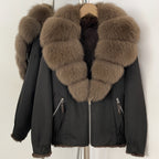 OFTBUY Luxury Real Fox Fur Collar Parka - Premium Real Rabbit Fur Lined Bomber Jacket for Extreme Cold