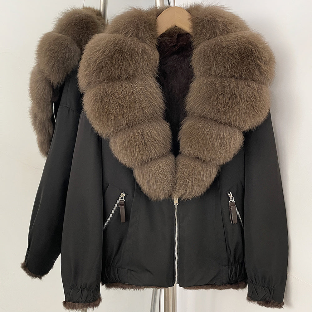 OFTBUY Luxury Real Fox Fur Collar Parka - Premium Real Rabbit Fur Lined Bomber Jacket for Extreme Cold