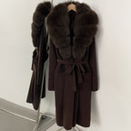 OFTBUY Women's Luxury Brown Knit Cardigan with Real Fox Fur Collar Belted Sweater Coat Female New Fashion Warm Winter Outerwear