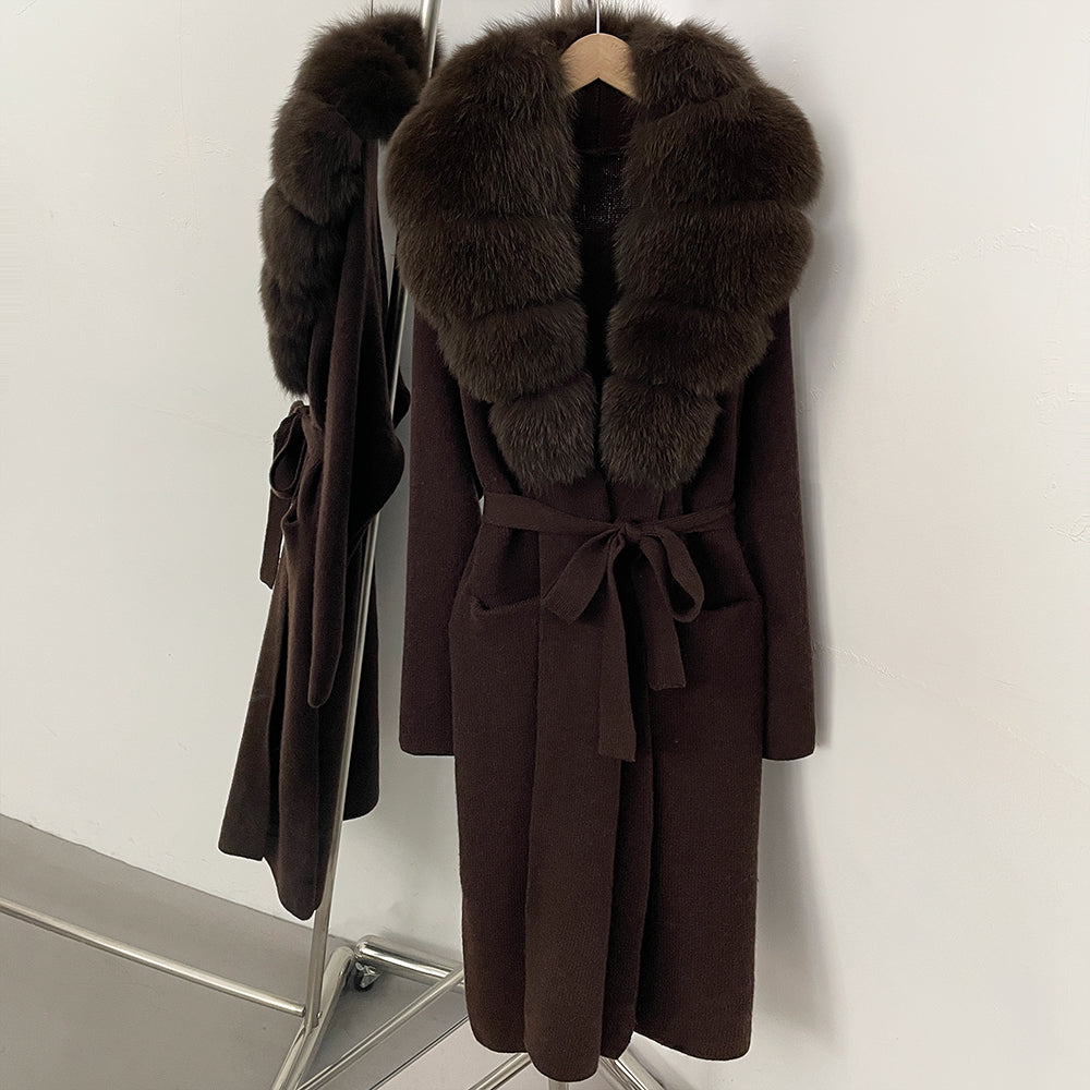 OFTBUY Women's Luxury Brown Knit Cardigan with Real Fox Fur Collar Belted Sweater Coat Female New Fashion Warm Winter Outerwear