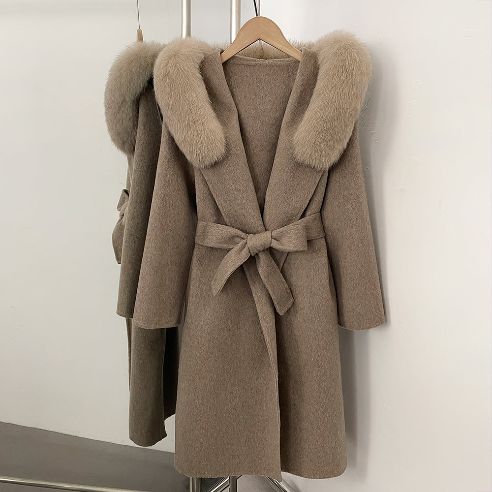 OFTBUY Long Hooded Real Fox Fur Wool Jacket Women New Autumn Winter Woolen Clothes Female Fashion Warm Natural Fur Woolen Coat