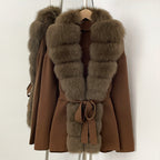 OFTBUY Luxury Warm Winter Fashion Outerwear New Women's Knit Cardigan with Oversized Real Fox Fur Trim Self-Tie Belt Sweater