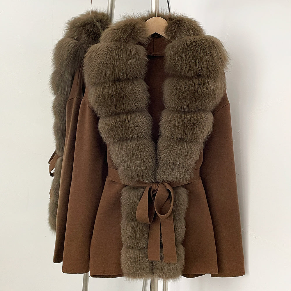 OFTBUY Luxury Warm Winter Fashion Outerwear New Women's Knit Cardigan with Oversized Real Fox Fur Trim Self-Tie Belt Sweater