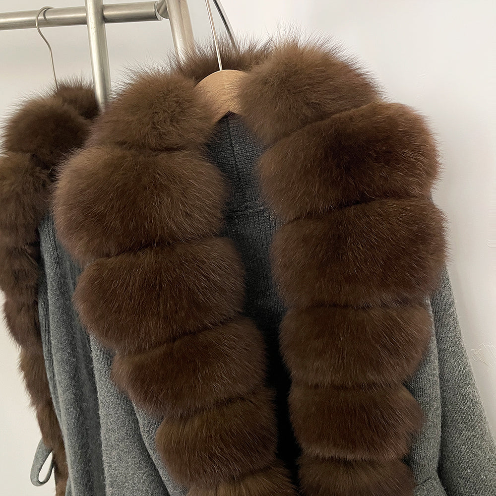 OFTBUY New Women's Knit Long Coat with Full Real Fox Fur  Belted Pockets Warm Winter Elegant Fashion Outerwear Cardigan Sweater