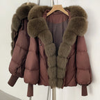 OFTBUY Luxury Cropped Down Puffer with Colossal Real Fur Collar - Premium 90% Duck Down Winter Statement Coat