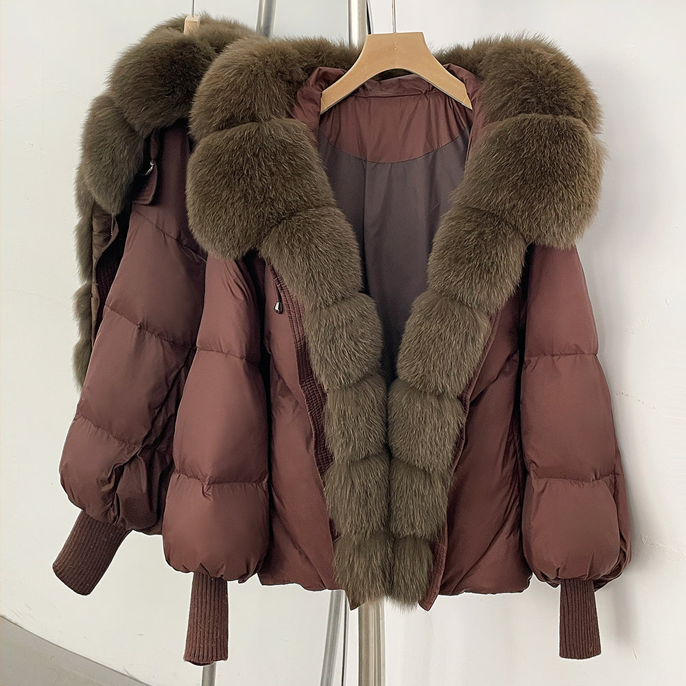 OFTBUY Luxury Cropped Down Puffer with Colossal Real Fur Collar - Premium 90% Duck Down Winter Statement Coat