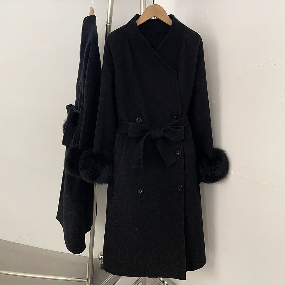 OFTBUY New Women's Wool Coat with Real Fox Fur Cuffs Double Breasted Belted Bow Pockets Warm Winter Elegant Fashion Outerwear