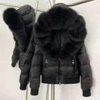 OFTBUY Hooded Thickened Warm Fluffy Puffer Jacket Women New Winter Real Fox Fur Top Clothing Natural Fur White Duck Down Coat