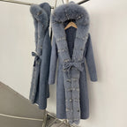 OFTBUY 100% Wool Coat with Real Fox Fur Trim & Rabbit Fur Lining