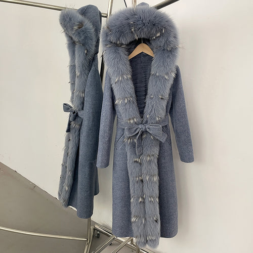 OFTBUY 100% Wool Coat with Real Fox Fur Trim & Rabbit Fur Lining