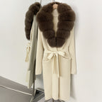 OFTBUY Women's Luxury Brown Knit Cardigan with Real Fox Fur Collar Belted Sweater Coat Female New Fashion Warm Winter Outerwear