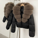 OFTBUY New Puffer Jacket Women with Large Natural Fox Fur Collar Short Fluffy Thick Parkas Female 90% White Duck Down Coat Lady
