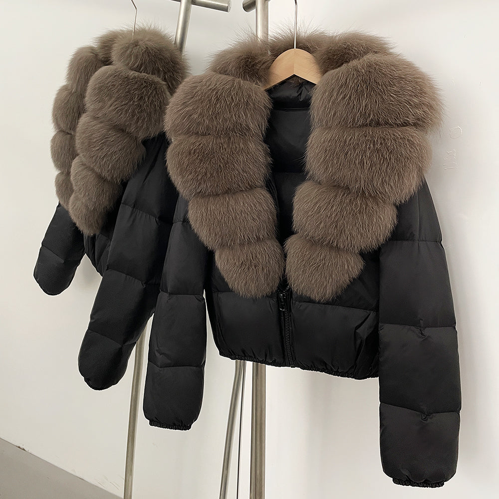 OFTBUY New Puffer Jacket Women with Large Natural Fox Fur Collar Short Fluffy Thick Parkas Female 90% White Duck Down Coat Lady